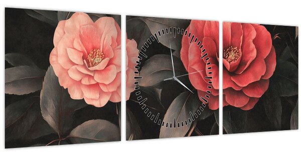 Tablou - Flori roșii pe fundal întunecat (cu ceas) (90x30 cm)