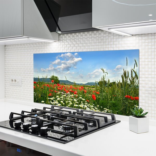 Panou sticla bucatarie Flori Meadow Natura Verde Roșu Alb