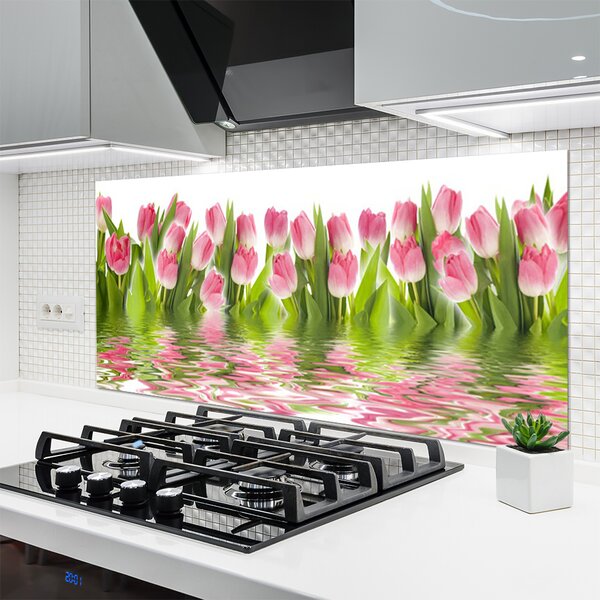 Panou sticla bucatarie Lalele Floral Roz Verde