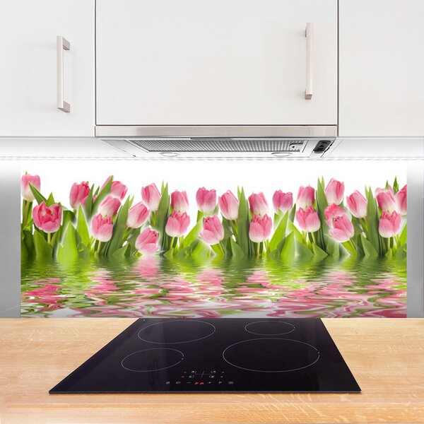 Panou sticla bucatarie Lalele Floral Roz Verde