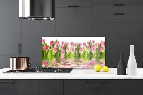 Panou sticla bucatarie Lalele Floral Roz Verde
