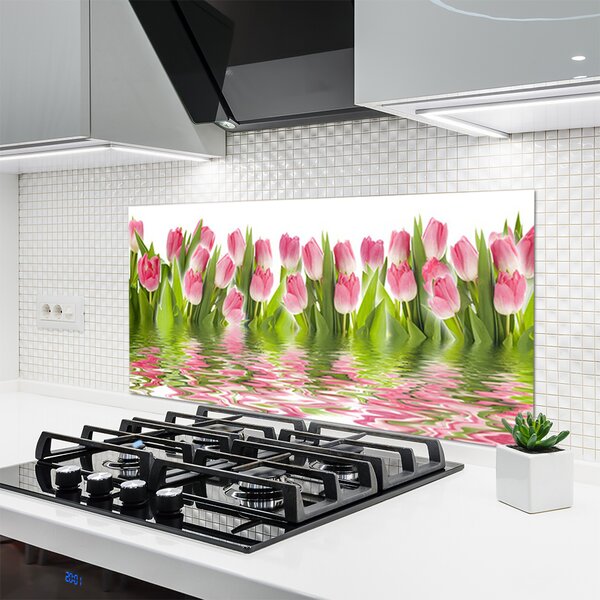 Panou sticla bucatarie Lalele Floral Roz Verde