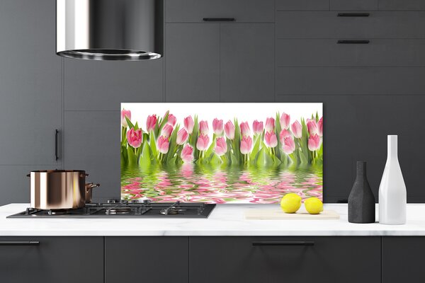 Panou sticla bucatarie Lalele Floral Roz Verde