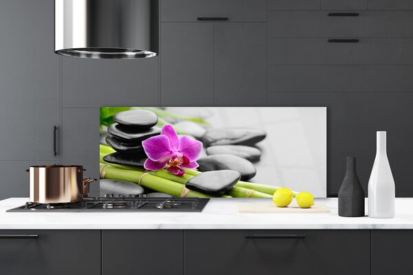 Panou sticla bucatarie Bamboo Tube flori Stones Arta Verde Roz Negru