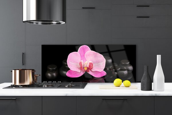 Panou sticla bucatarie Pietrele florale flori roz negru