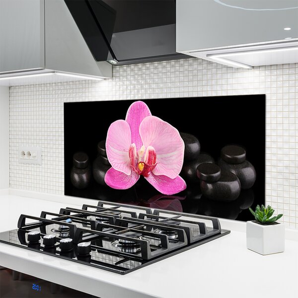 Panou sticla bucatarie Pietrele florale flori roz negru