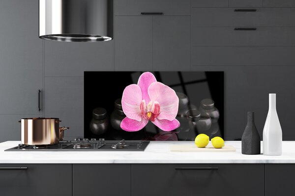Panou sticla bucatarie Pietrele florale flori roz negru