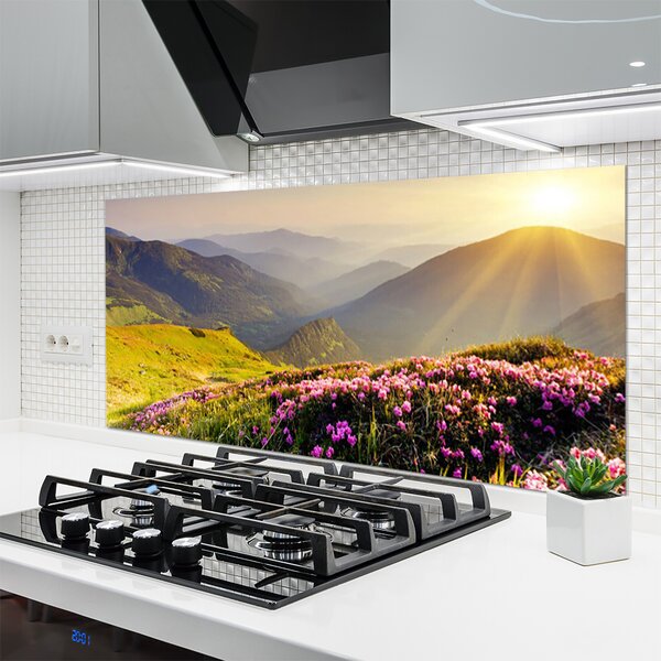 Panou sticla bucatarie Mountain Meadow Peisaj Verde Roz Gri