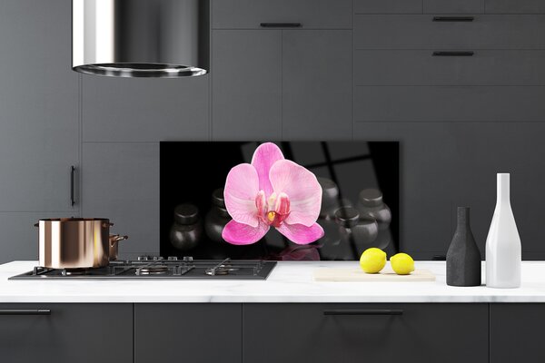 Panou sticla bucatarie Pietrele florale flori roz negru
