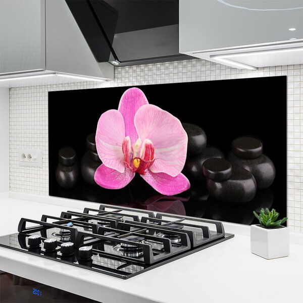 Panou sticla bucatarie Pietrele florale flori roz negru