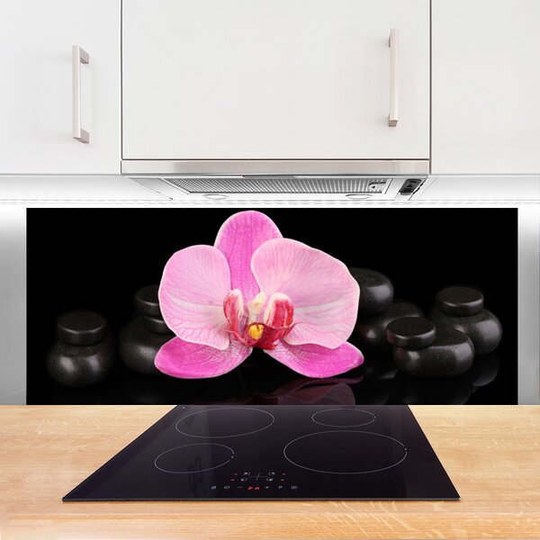 Panou sticla bucatarie Pietrele florale flori roz negru