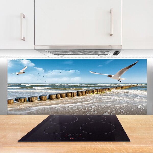 Panou sticla bucatarie Seagulls Sea Peisaj Gri Albastru Alb