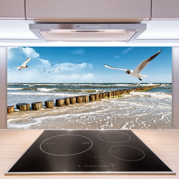 Panou sticla bucatarie Seagulls Sea Peisaj Gri Albastru Alb