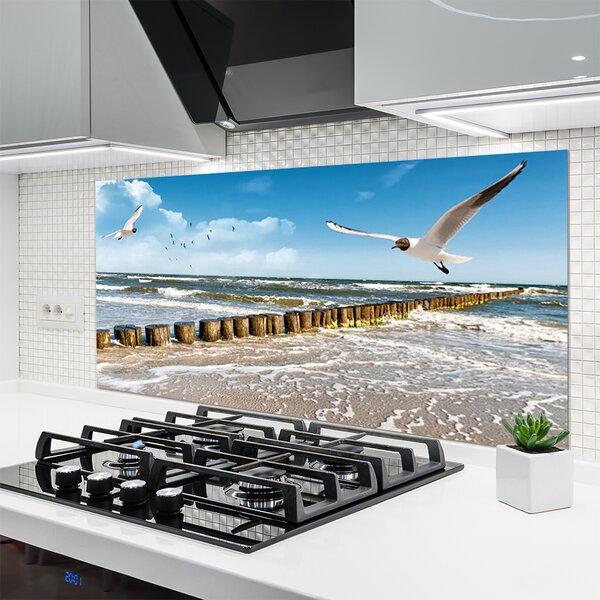 Panou sticla bucatarie Seagulls Sea Peisaj Gri Albastru Alb