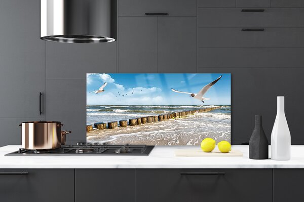 Panou sticla bucatarie Seagulls Sea Peisaj Gri Albastru Alb