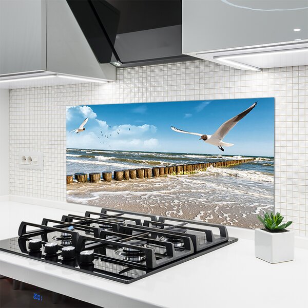 Panou sticla bucatarie Seagulls Sea Peisaj Gri Albastru Alb
