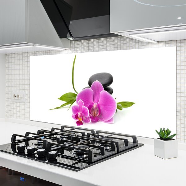 Panou sticla bucatarie Pietrele florale flori roz negru