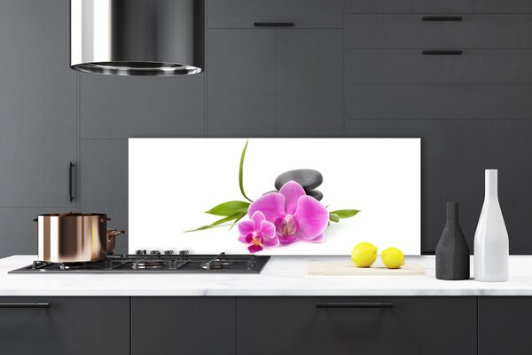 Panou sticla bucatarie Pietrele florale flori roz negru