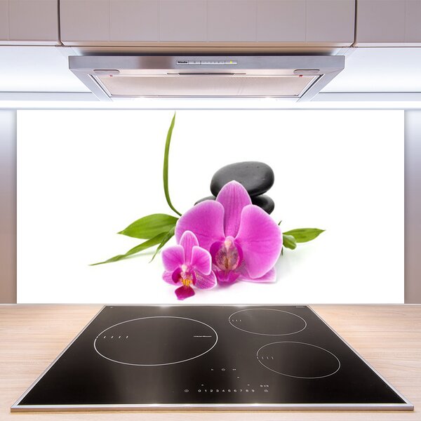 Panou sticla bucatarie Pietrele florale flori roz negru