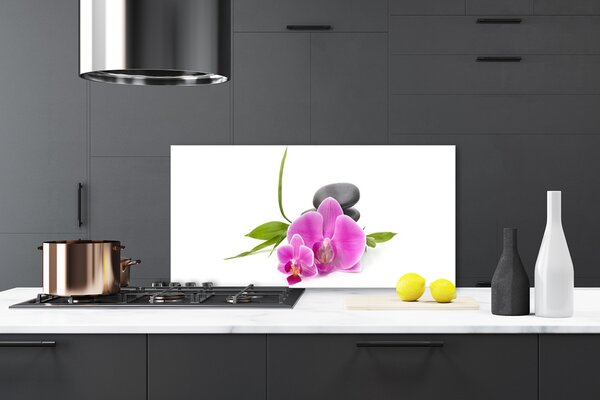 Panou sticla bucatarie Pietrele florale flori roz negru