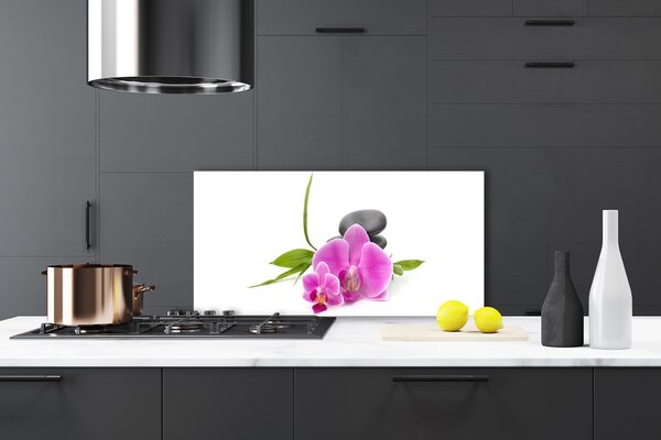 Panou sticla bucatarie Pietrele florale flori roz negru