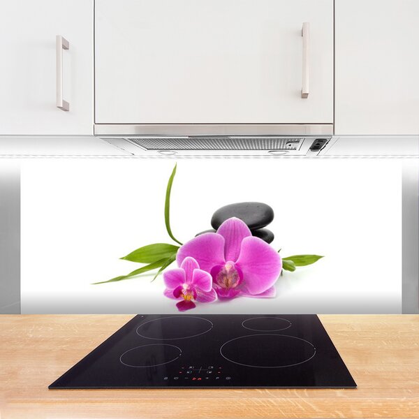 Panou sticla bucatarie Pietrele florale flori roz negru
