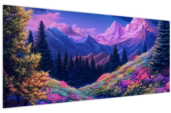 Tablou - Peisaj violet la lună plină (120x50 cm)