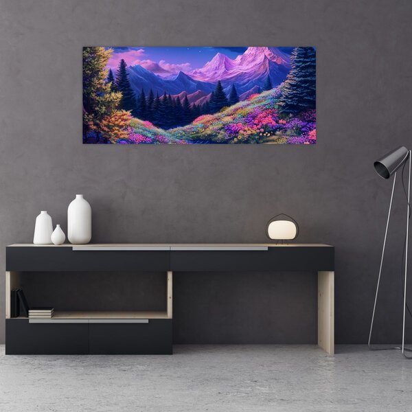Tablou - Peisaj violet la lună plină (120x50 cm)