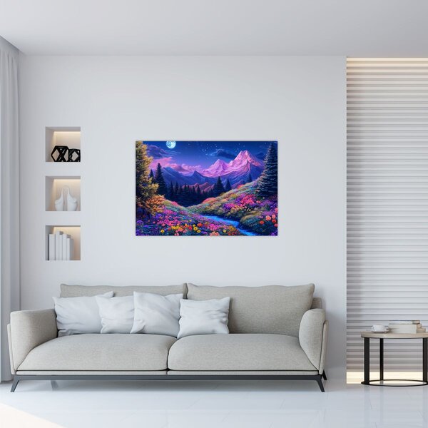 Tablou - Peisaj violet la lună plină (90x60 cm)