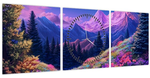 Tablou - Peisaj violet la lună plină (cu ceas) (90x30 cm)