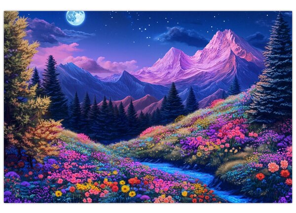 Tablou - Peisaj violet la lună plină (90x60 cm)