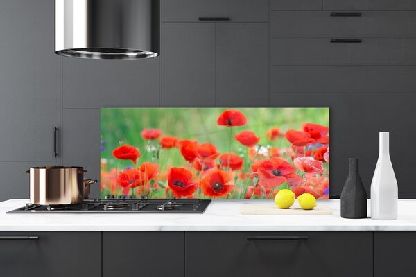 Panou sticla bucatarie Maci Floral Rosu Negru