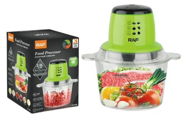 Mini tocator electric, Robot de bucatarie AT PERFORMANCE®, 600 W, 2 viteze + puls, bol 2 L, dispozitiv de emulsifiere, disc din inox, VERDE