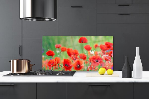 Panou sticla bucatarie Maci Floral Rosu Negru
