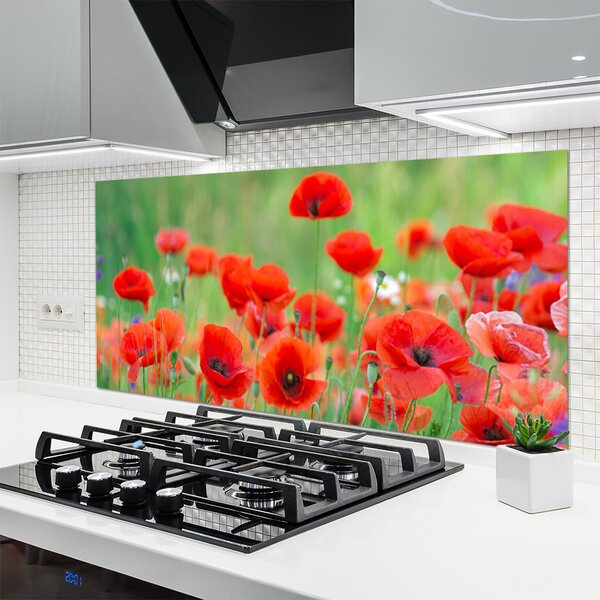 Panou sticla bucatarie Maci Floral Rosu Negru