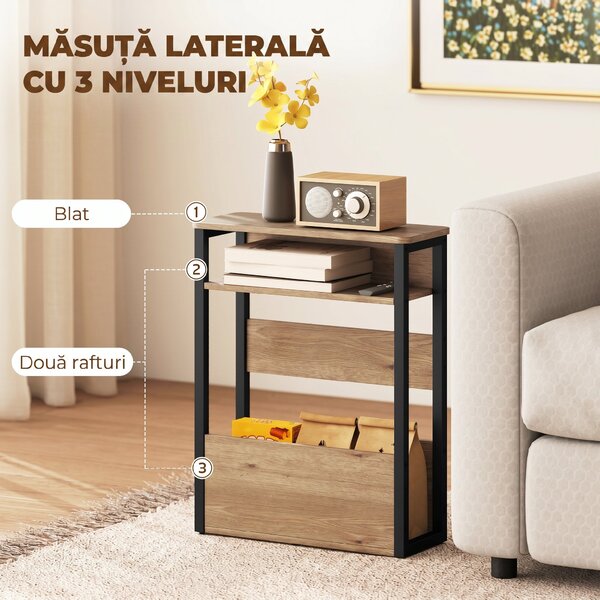 HOMCOM Măsuță Living Stil Industrial cu 2 Rafturi, Lemn și Metal, 46x18x58,5 cm, Nuc Închis | Aosom Romania