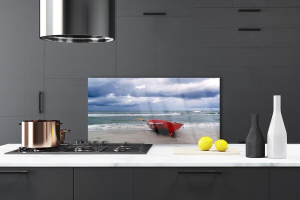 Panou sticla bucatarie Barca Sea Beach Peisaj Roșu Gri Albastru