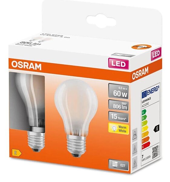 SET 2x Bec LED A60 E27/6,5W/230V 2700K Osram