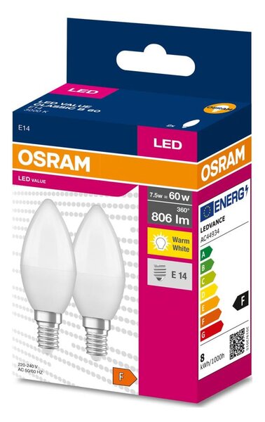 SET 2x bec LED Osram B38 E14/7,5W/230V 3000K