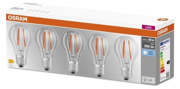 Set de 5 becuri LED BASE CLASSIC FILAMENT A60, soclu E27, 7W, 230V, 4000K - Osram
