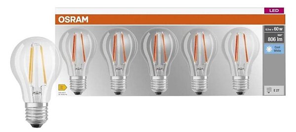 Set de 5 becuri LED BASE CLASSIC FILAMENT A60, soclu E27, 7W, 230V, 4000K - Osram