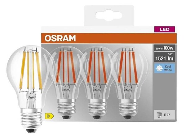 Set de 3 becuri LED Base Classic Filament A60, soclu E27, 11W, 230V, 4000K - Osram