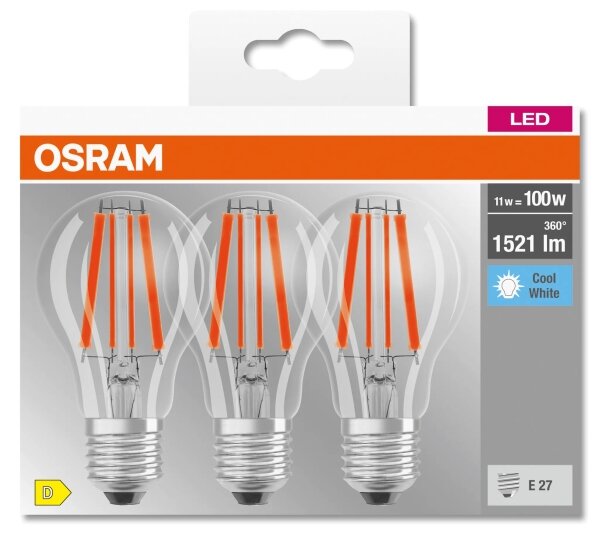 Set de 3 becuri LED Base Classic Filament A60, soclu E27, 11W, 230V, 4000K - Osram