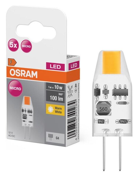 Set de 5 becuri LED micro cu pini G4, 1W, 12V, 2700K - Osram