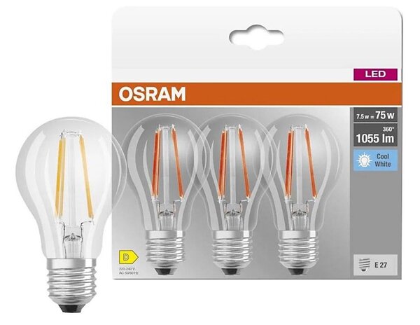 Set de 3 becuri LED BASE CLASSIC FILAMENT A60, soclu E27, 7,5 W, 230 V, 4000 K - Osram