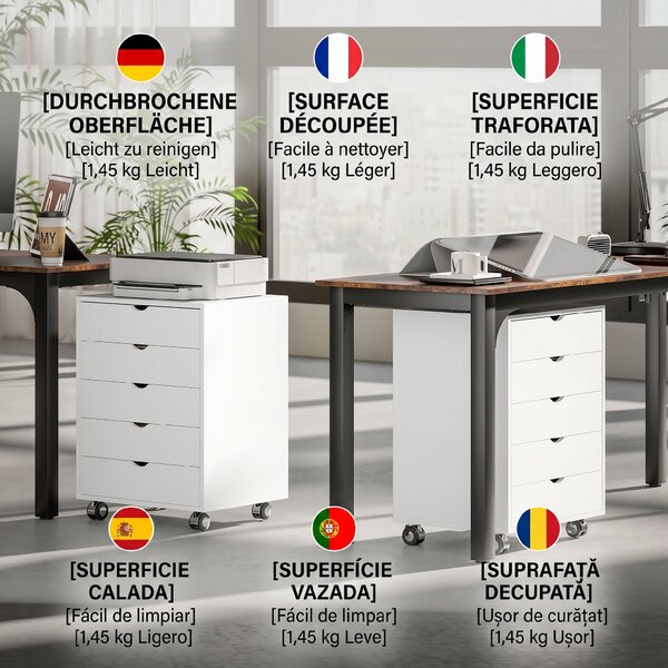 HOMCOM Dulap pentru birou cu 5 sertare pentru documente A3, pe roți și cu încuietoare, 50x40x67.5 cm, alb | Aosom Romania