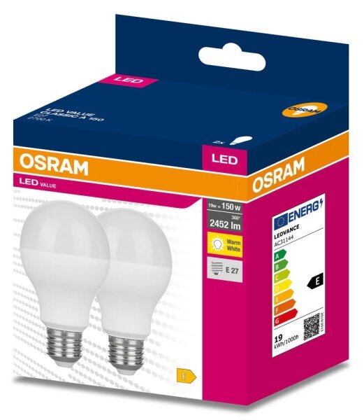 Set 2 becuri LED VALUE CLASSIC E27/19W/230V 2700K - Osram