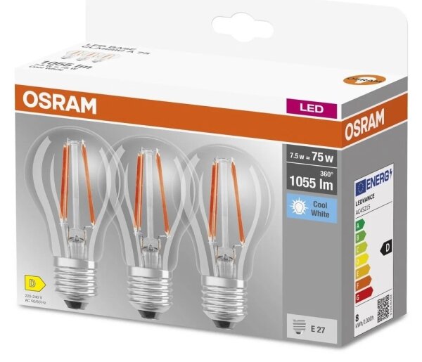 Set de 3 becuri LED BASE CLASSIC FILAMENT A60, soclu E27, 7,5 W, 230 V, 4000 K - Osram