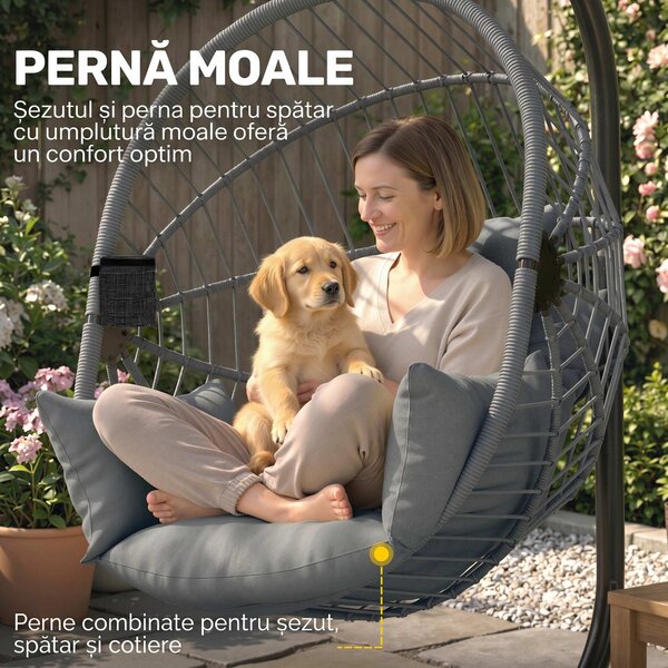 Outsunny Scaun Suspendat Ou, Inclusiv Pernă, Fotoliu, 120 cm x 106 cm x 188 cm, Gri | Aosom Romania