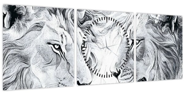 Tablou - Capete de lei desenate (cu ceas) (90x30 cm)